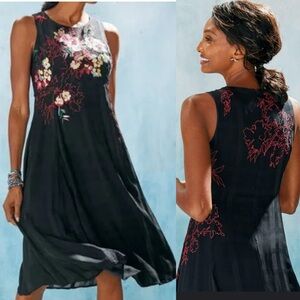 SOFT SURROUNDINGS Embroidered Cadenza Dress Womens Sz 2 Black Floral Embroidery
